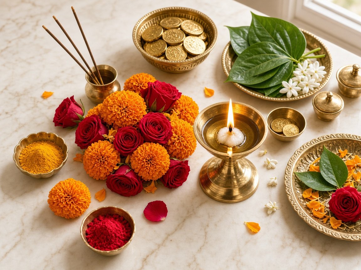 Marigolds, brass diya, and puja offerings